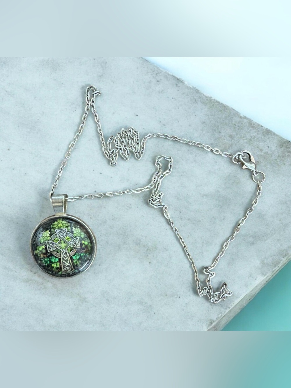 Celtic Cross Resin Pendant Necklace - Green